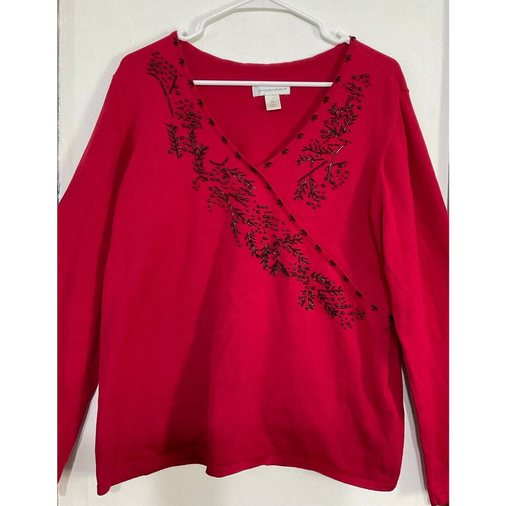 Christopher & Banks V-Neck Beaded Long Sleeves Red Knit Pullover Sweater Large - Picture 2 of 7